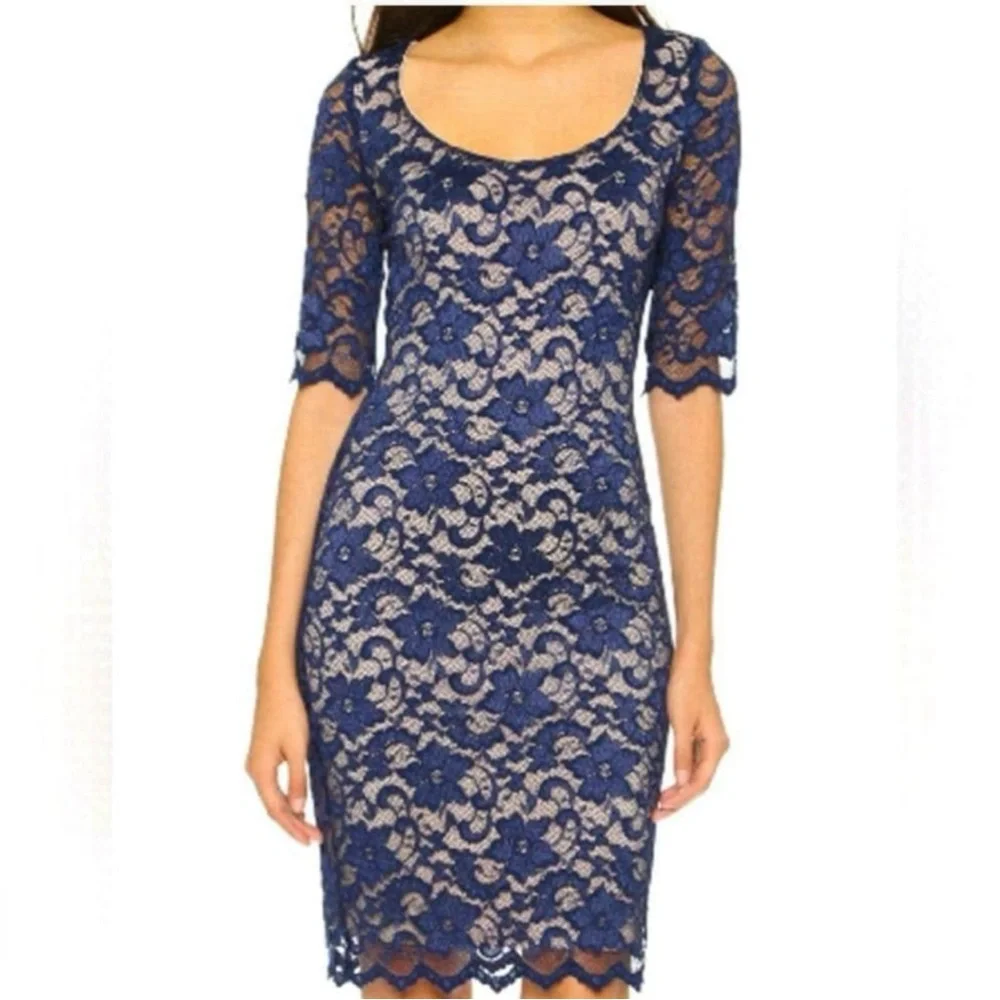 Badgley Mischka Navy Lace Dress with Nude Lining - Picture 9 of 10